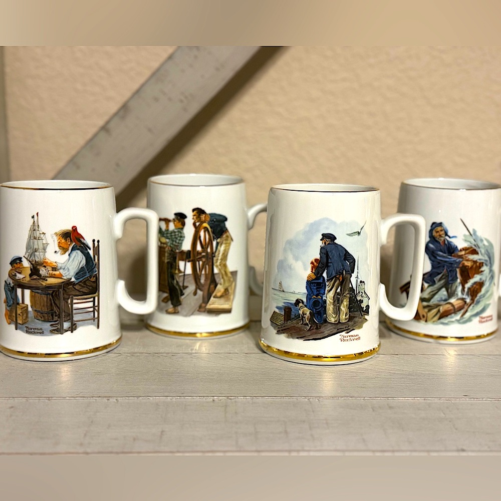Vintage Set of 4 Norman Rockwell 1985 Collector Mugs cups